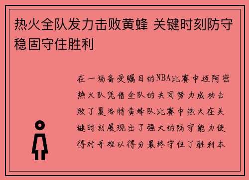 热火全队发力击败黄蜂 关键时刻防守稳固守住胜利