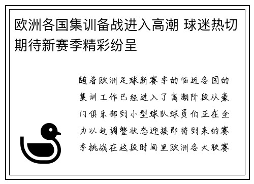 欧洲各国集训备战进入高潮 球迷热切期待新赛季精彩纷呈