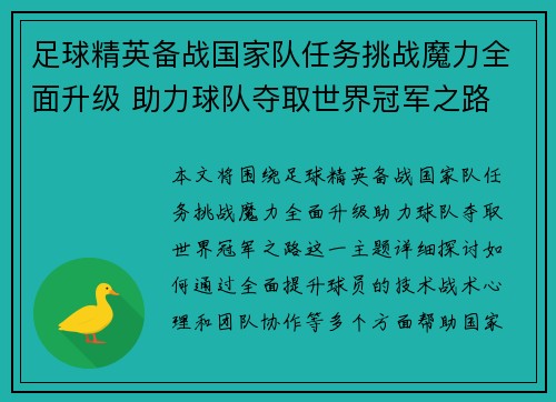 足球精英备战国家队任务挑战魔力全面升级 助力球队夺取世界冠军之路