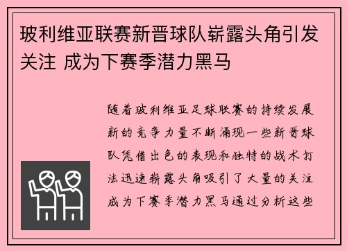 玻利维亚联赛新晋球队崭露头角引发关注 成为下赛季潜力黑马