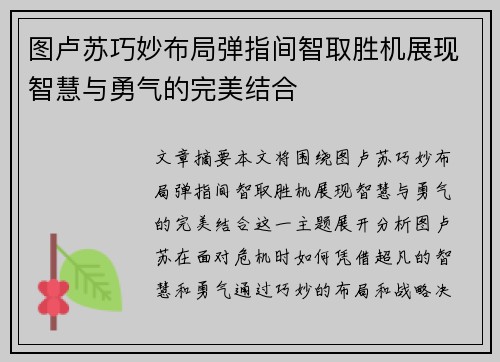 图卢苏巧妙布局弹指间智取胜机展现智慧与勇气的完美结合