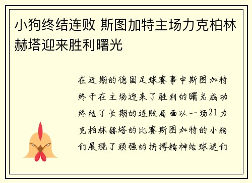 小狗终结连败 斯图加特主场力克柏林赫塔迎来胜利曙光