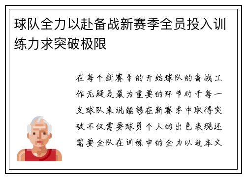 球队全力以赴备战新赛季全员投入训练力求突破极限