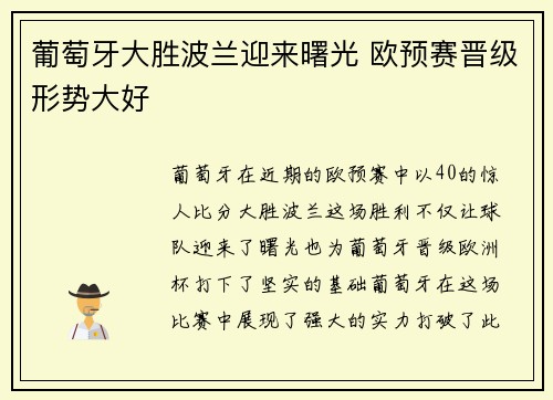 葡萄牙大胜波兰迎来曙光 欧预赛晋级形势大好