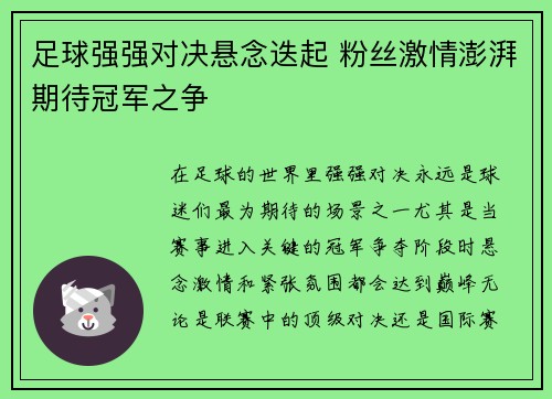 足球强强对决悬念迭起 粉丝激情澎湃期待冠军之争