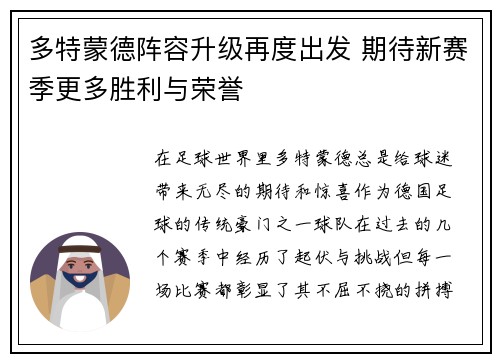 多特蒙德阵容升级再度出发 期待新赛季更多胜利与荣誉