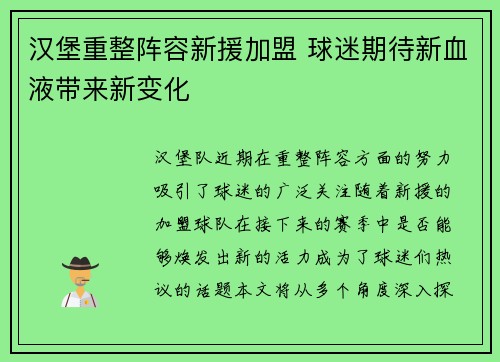 汉堡重整阵容新援加盟 球迷期待新血液带来新变化