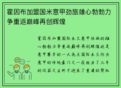 霍因布加盟国米意甲劲旅雄心勃勃力争重返巅峰再创辉煌